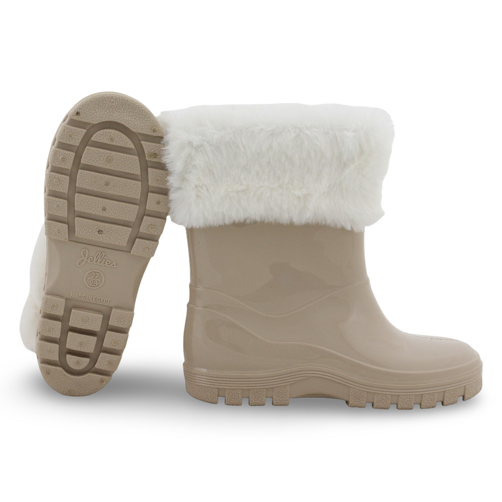 Girls Rubber Rain Boots – Beige with Fur