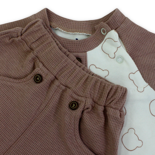 Unisex Baby Cotton Outfit Set – Dusty Pink & Off-White with Bears Print