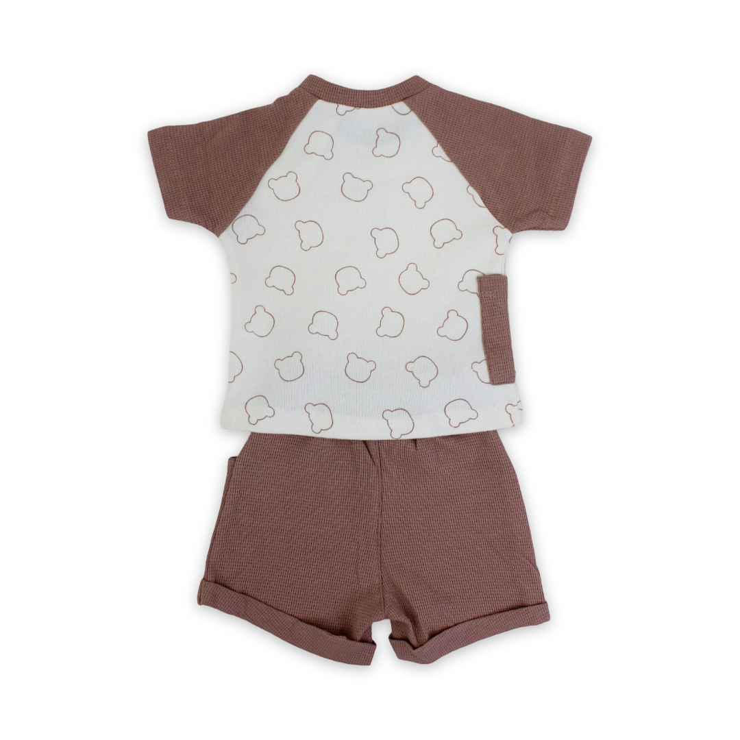 Unisex Baby Cotton Outfit Set – Dusty Pink & Off-White with Bears Print