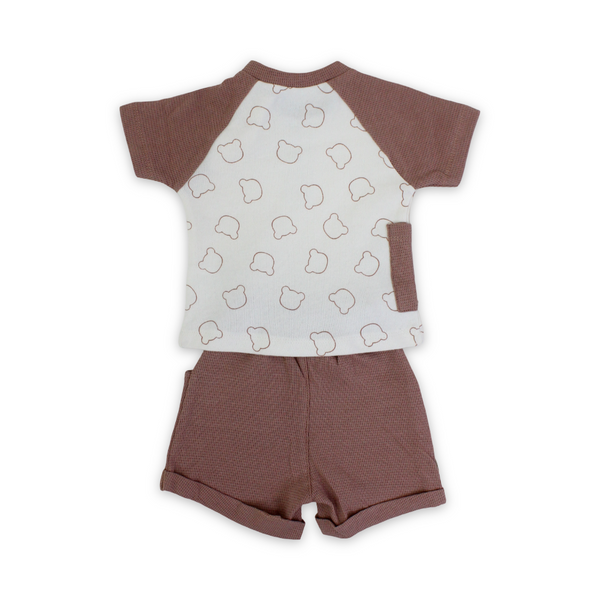 Unisex Baby Cotton Outfit Set – Dusty Pink & Off-White with Bears Print