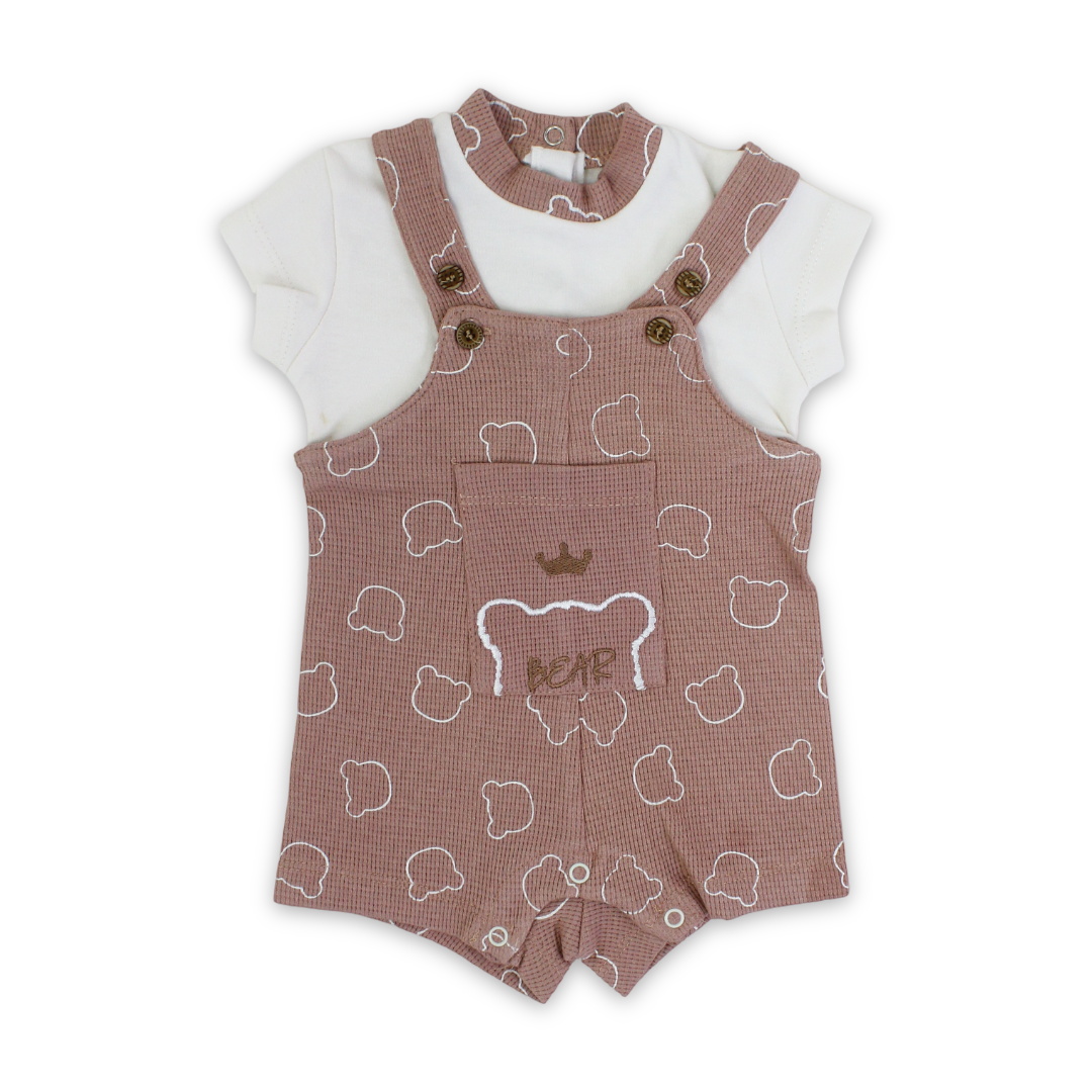 Unisex Baby Cotton Romper – Dusty Pink & Off-White with Bear Print - Clothing - Full Moon