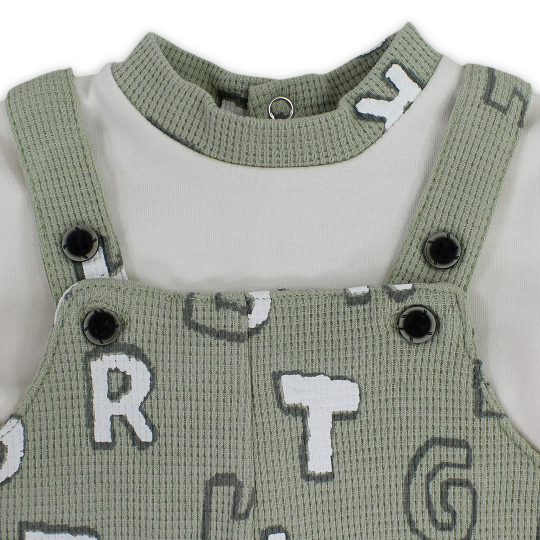 Baby Boys Cotton Romper – Olive & Off-White with Letters Print