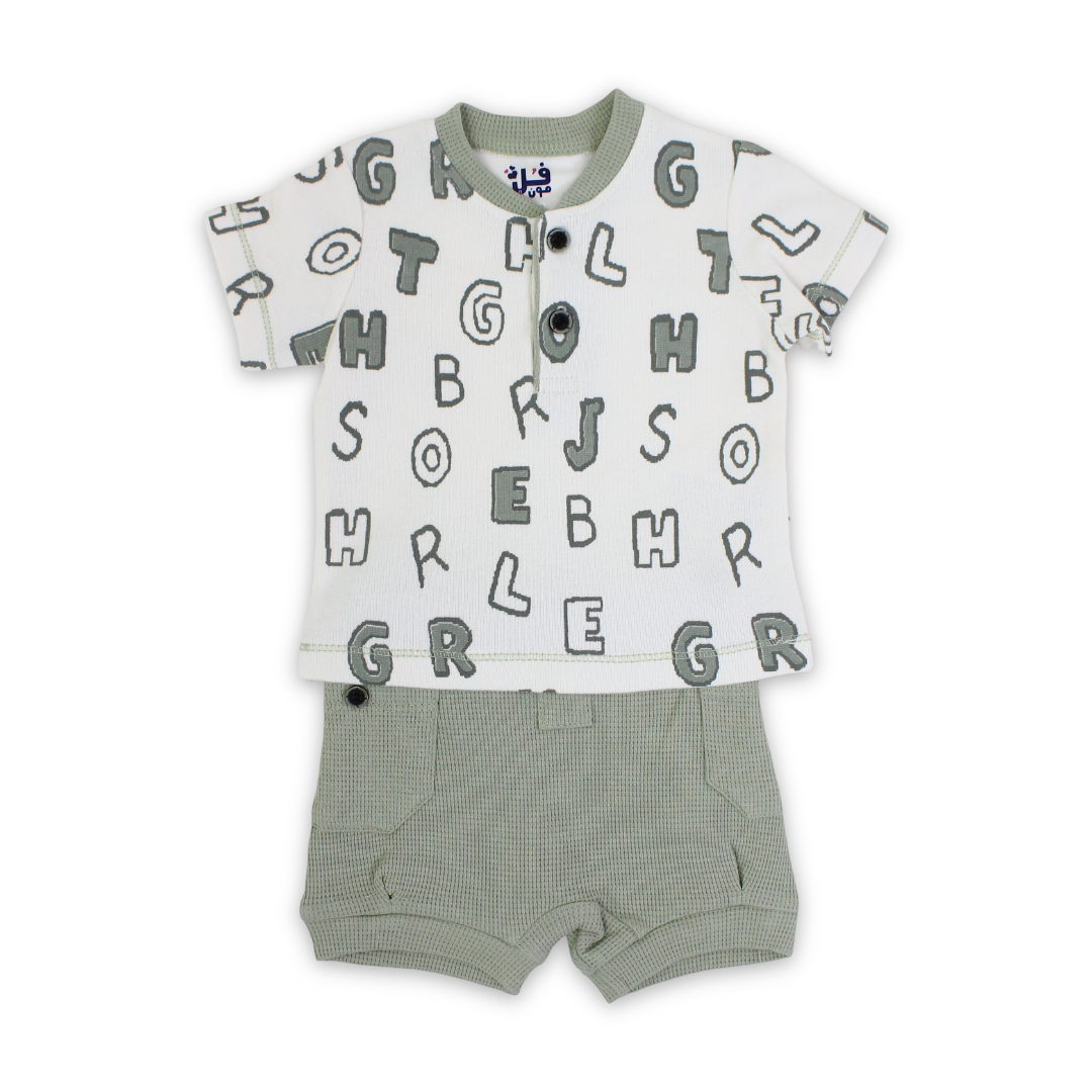 Baby Boys Cotton Outfit Set – Mint & Off-White with Letters Print - Clothing - Full Moon
