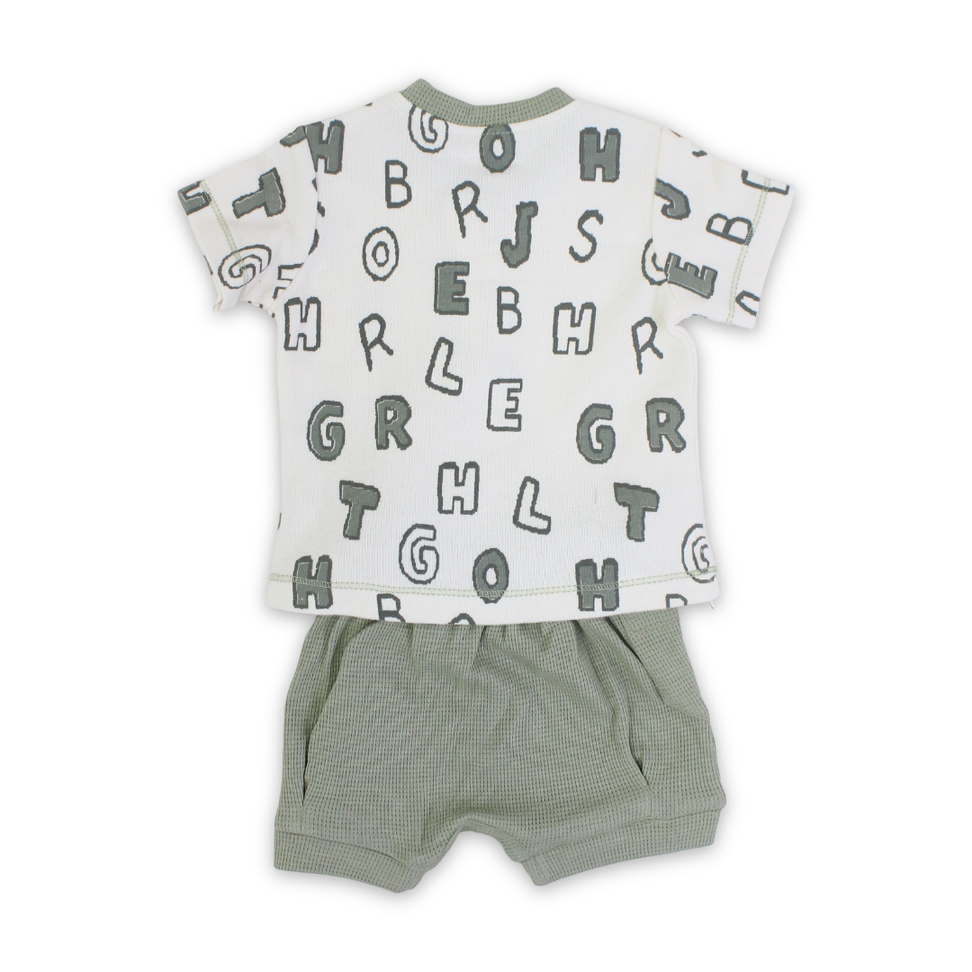 Baby Boys Cotton Outfit Set – Mint & Off-White with Letters Print