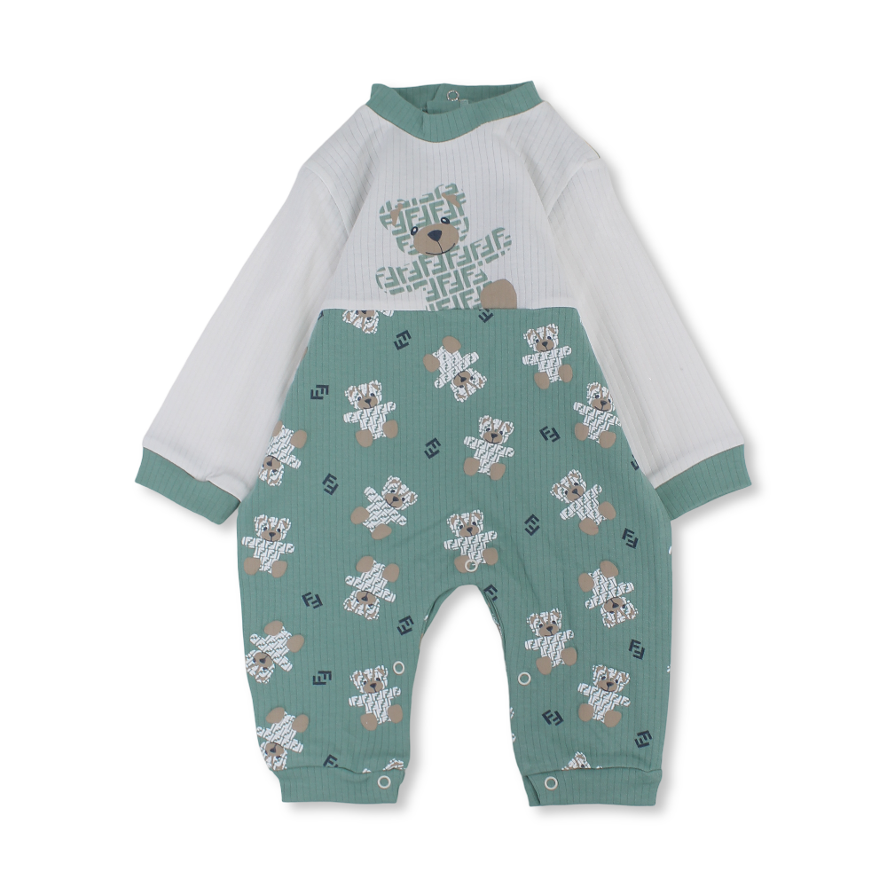 Baby Boys Cotton Footless Onesie – Mint & Off-White with Teddy Bear Print - Clothing - Full Moon