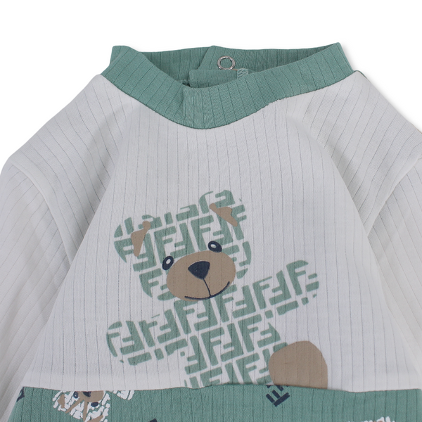 Baby Boys Cotton Footless Onesie – Mint & Off-White with Teddy Bear Print