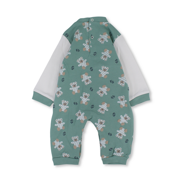 Baby Boys Cotton Footless Onesie – Mint & Off-White with Teddy Bear Print