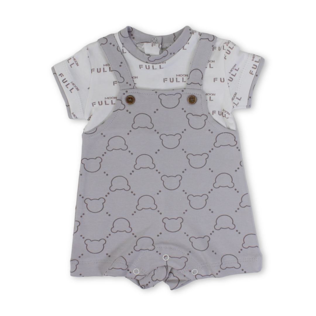 Baby Boys Cotton Romper – Beige with Teddy Bear Faces Print