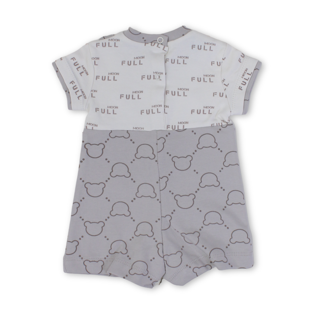 Baby Boys Cotton Romper – Beige with Teddy Bear Faces Print