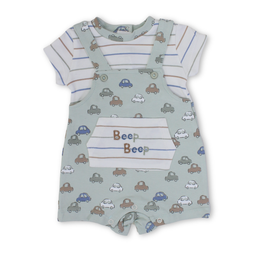 Baby Boys Cotton Romper – Mint with Cars Print