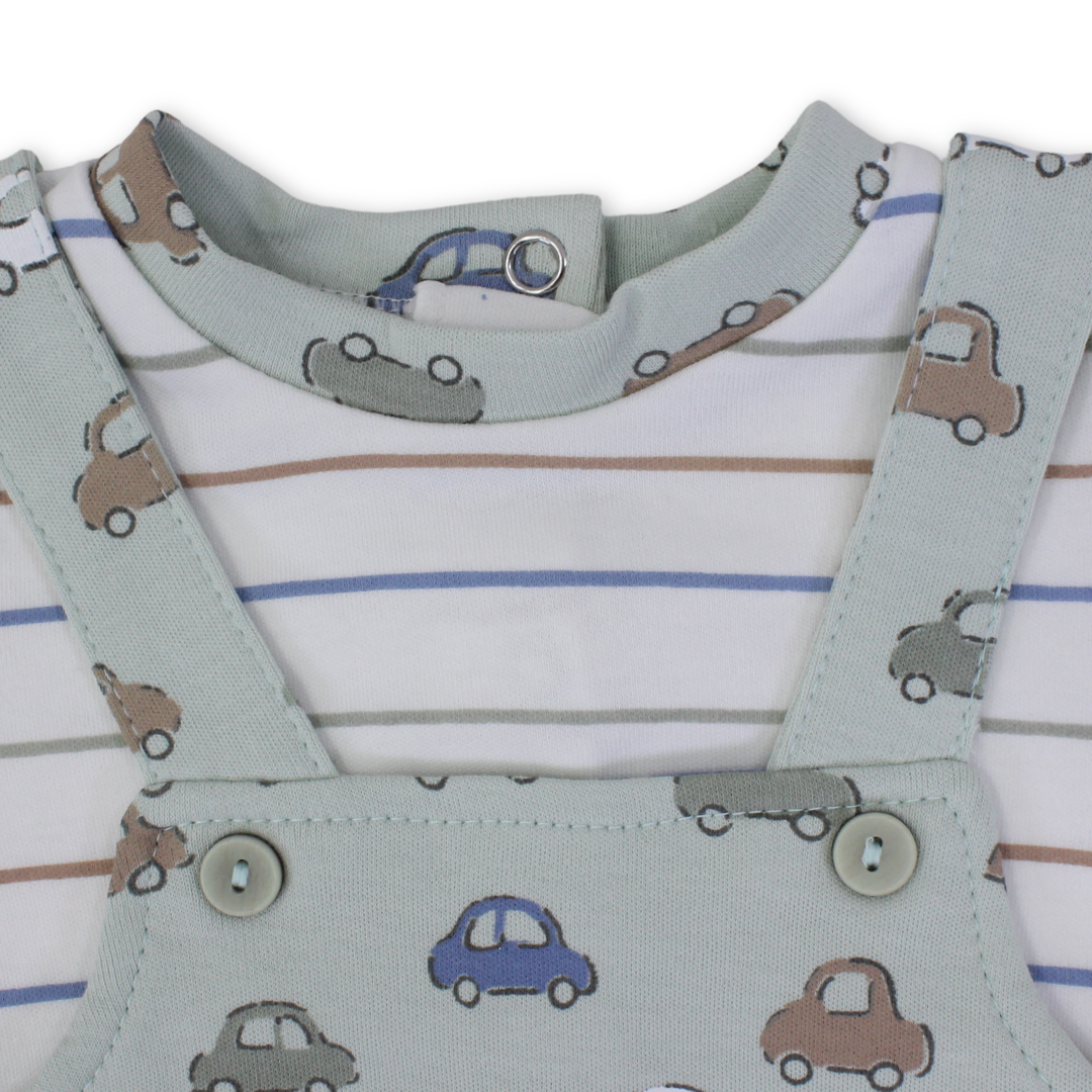 Baby Boys Cotton Romper – Mint with Cars Print