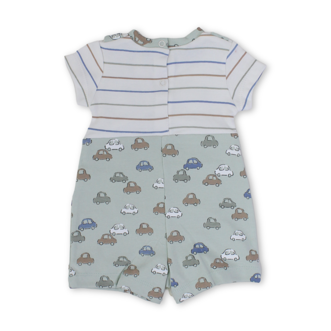 Baby Boys Cotton Romper – Mint with Cars Print