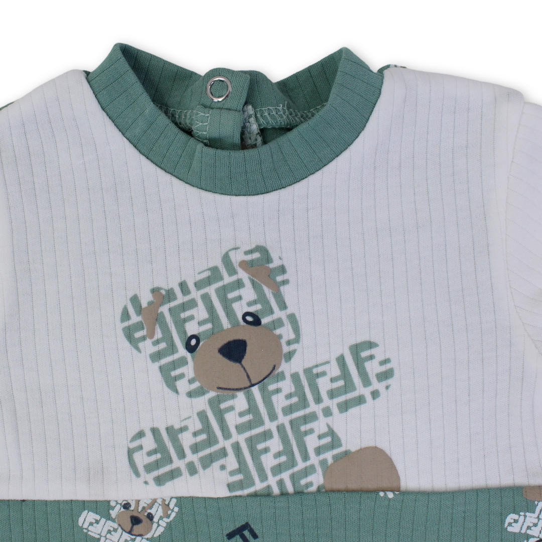 Baby Boys Cotton Romper – Mint with Teddy Bear Print