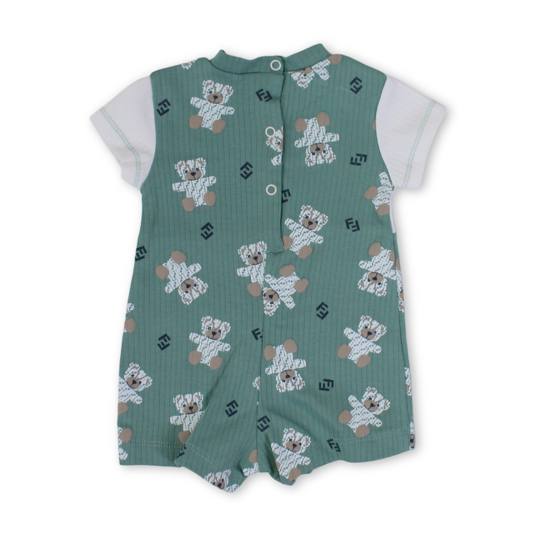 Baby Boys Cotton Romper – Mint with Teddy Bear Print