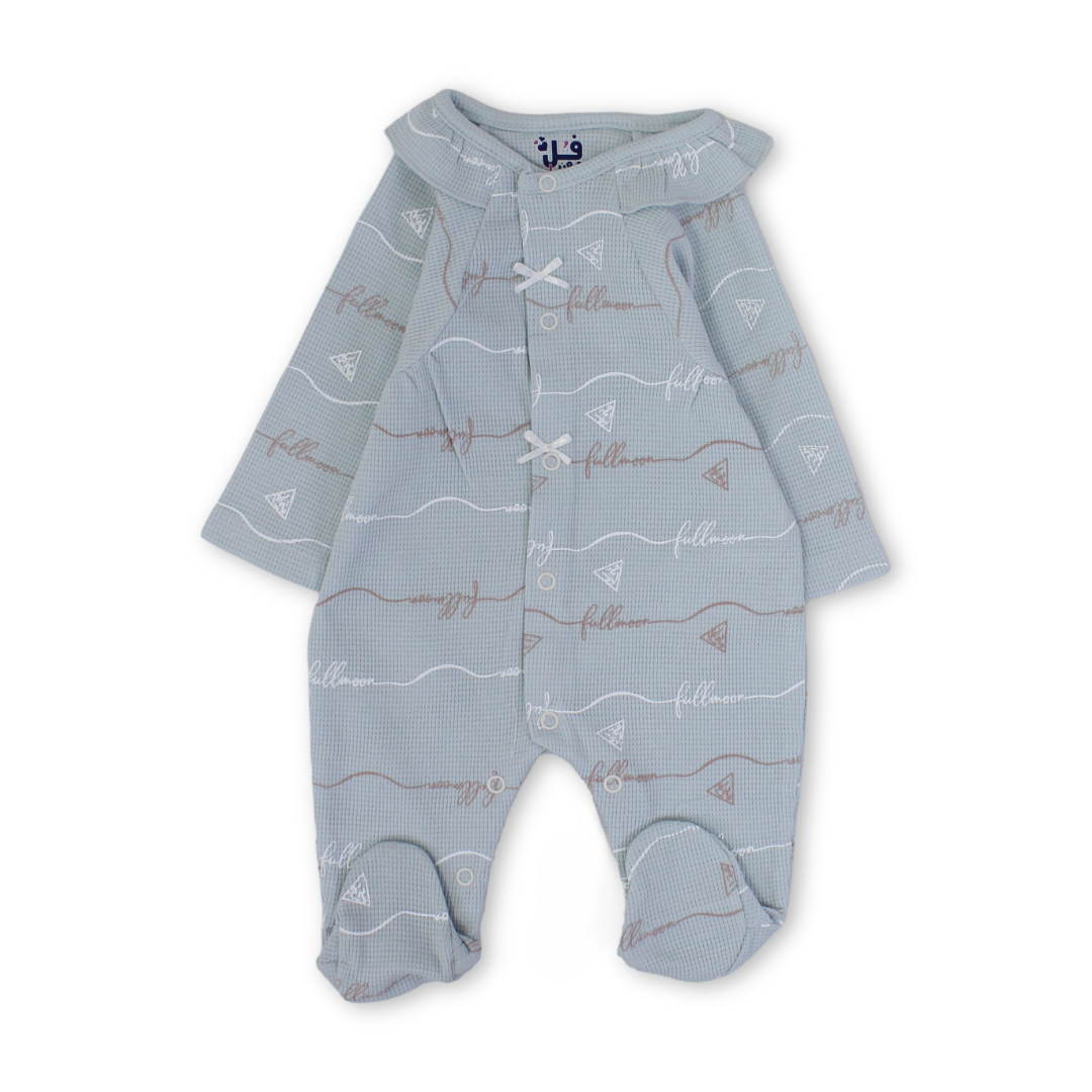 Baby Girls Cotton Baby Footie – Aqua with Wavy Lines Print - Clothing - Full Moon