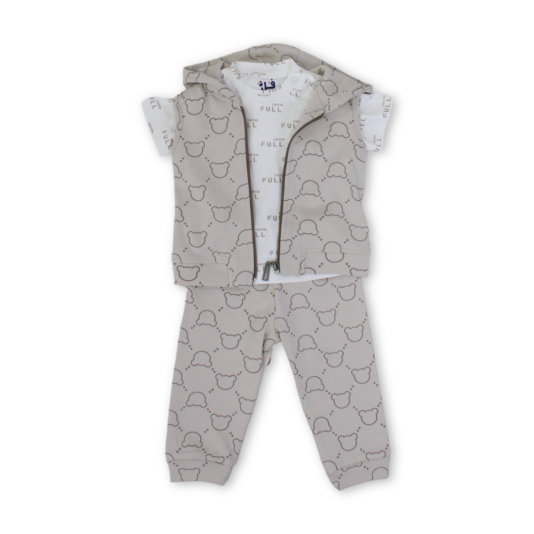 Baby Boys Cotton 3-Piece Outfit Set – Beige with Teddy Bear Faces Print - Clothing - Full Moon