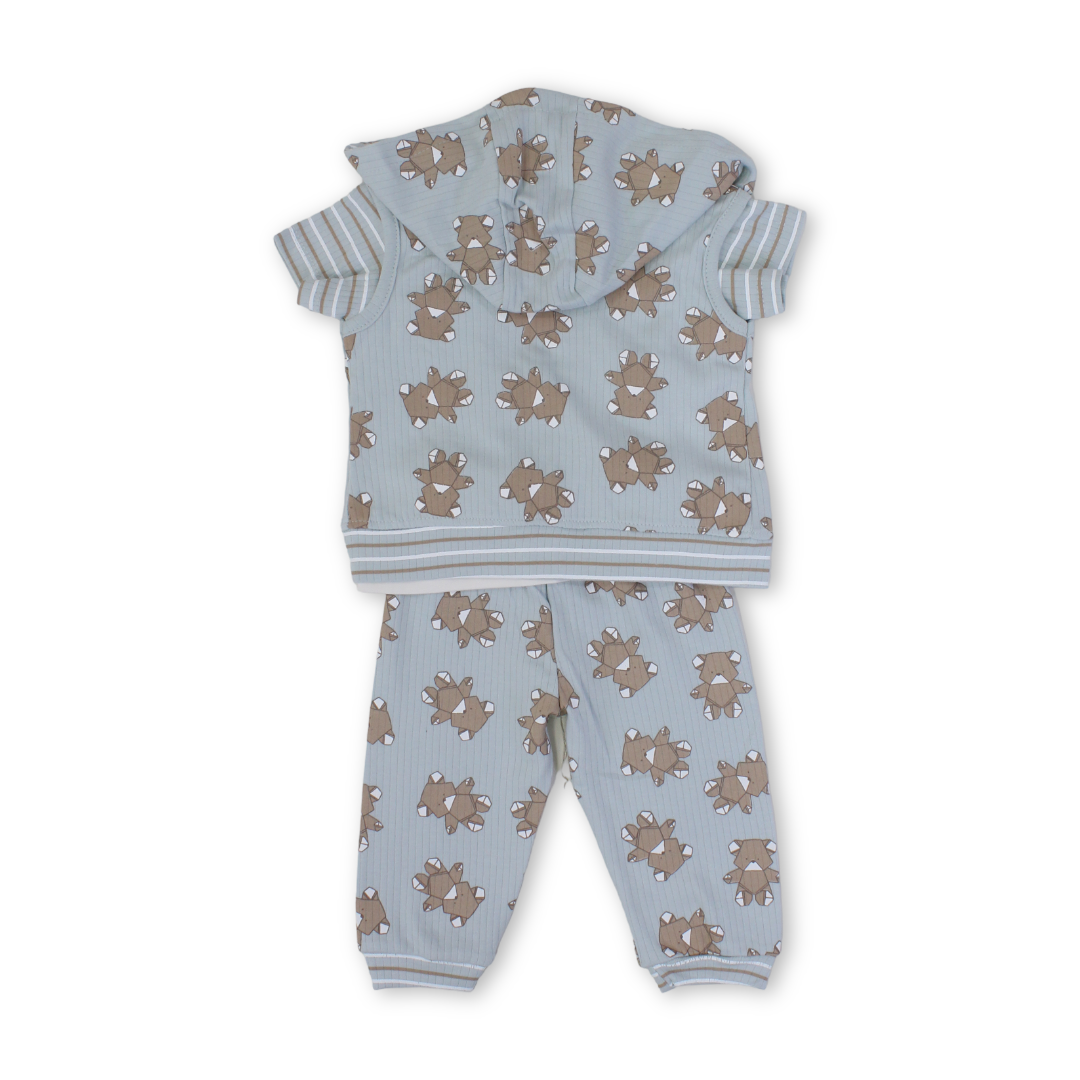 Baby Boys Cotton 3-Pecise Outfit Set – Aqua with Teddy Bear Faces Print