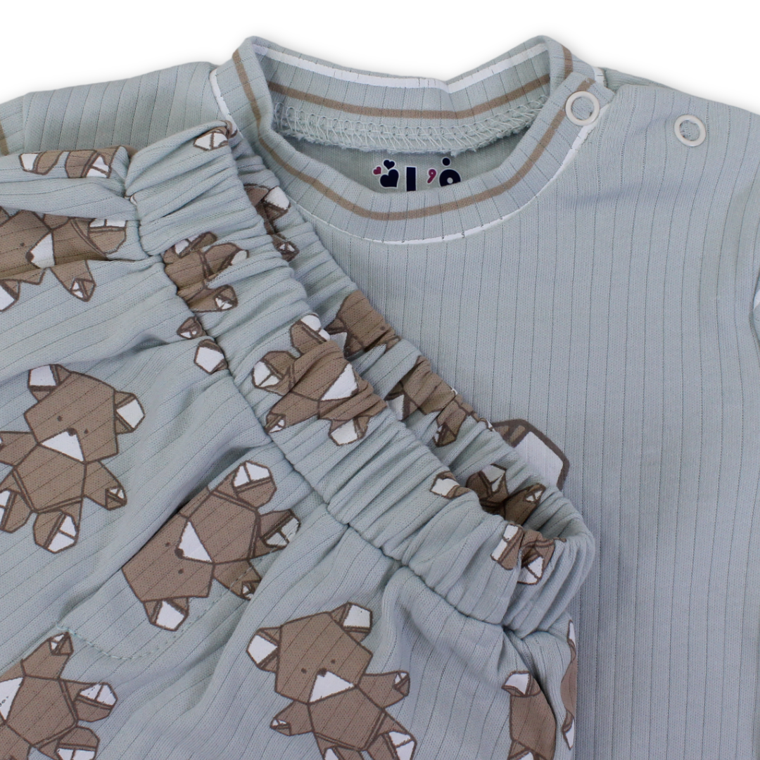 Baby Boys Cotton Pajama – Aqua with Teddy Bear Face Print