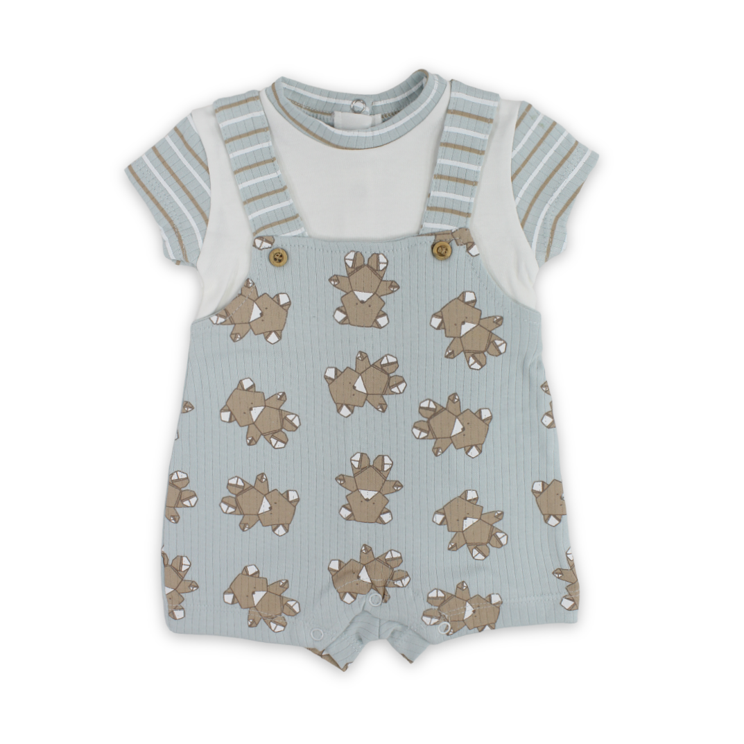 Baby Boys Cotton Romper – Mint & Off-White with Teddy Bear Print - Clothing - Full Moon