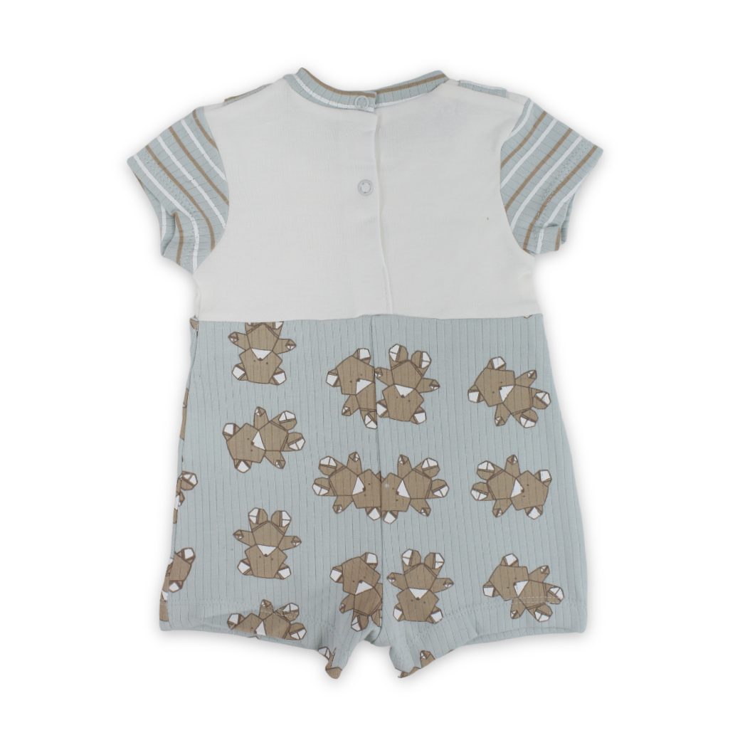 Baby Boys Cotton Romper – Mint & Off-White with Teddy Bear Print