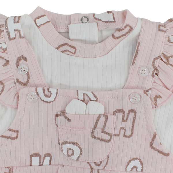 Baby Girls Cotton Romper – Pink & Off-White with Letters Print