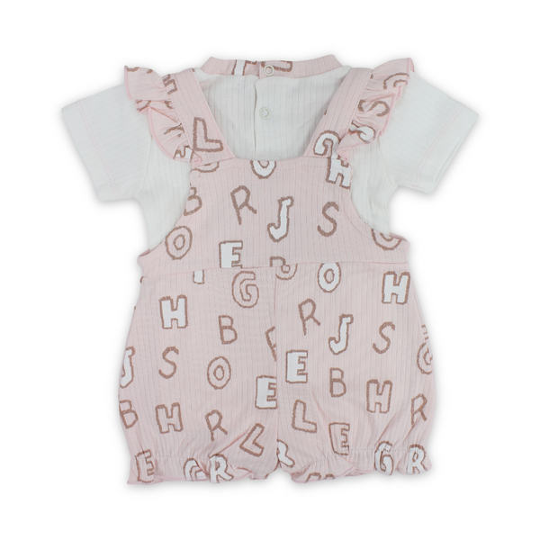 Baby Girls Cotton Romper – Pink & Off-White with Letters Print