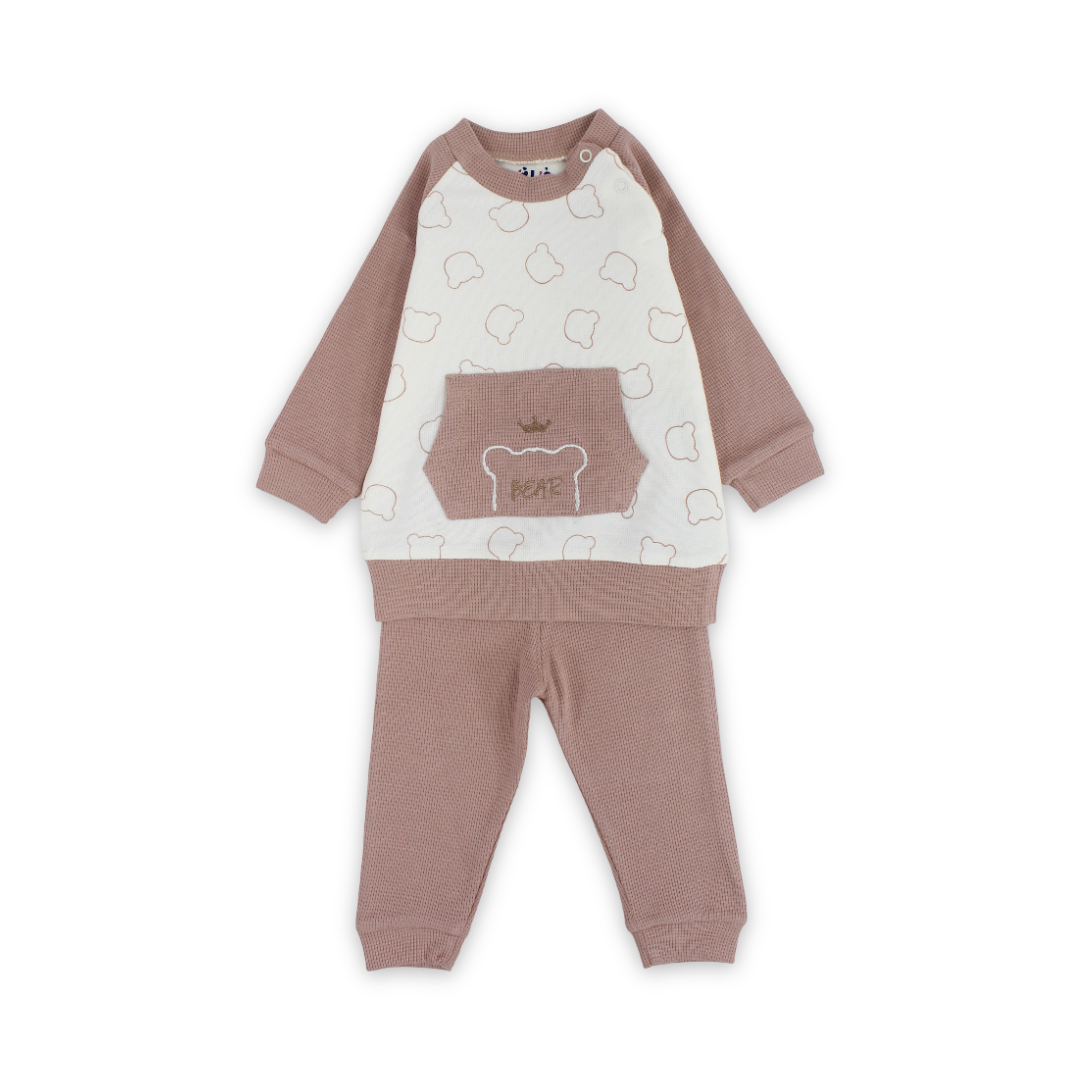 Baby Girls Cotton Pajama – Dusty Pink & Off-White with Bear Print - Clothing - Full Moon