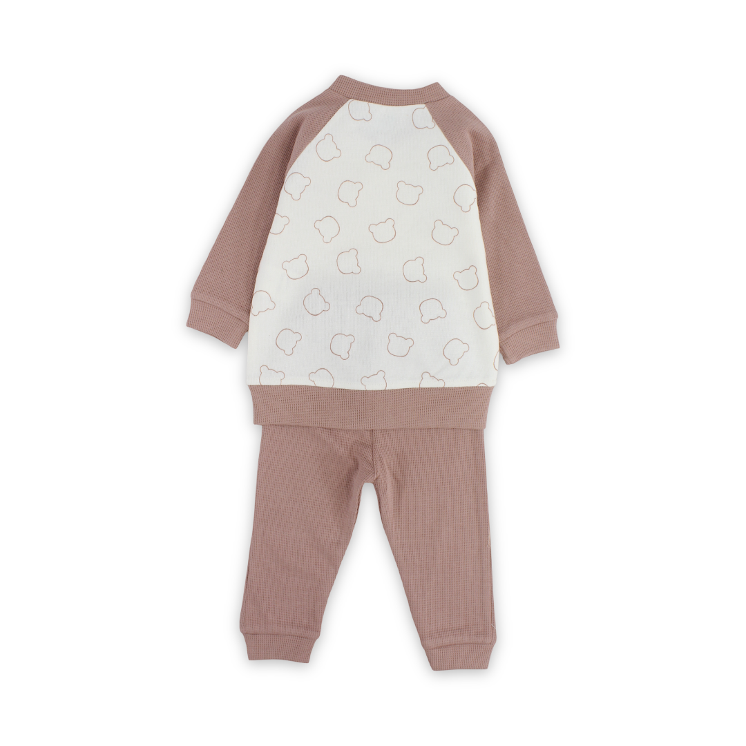 Baby Girls Cotton Pajama – Dusty Pink & Off-White with Bear Print