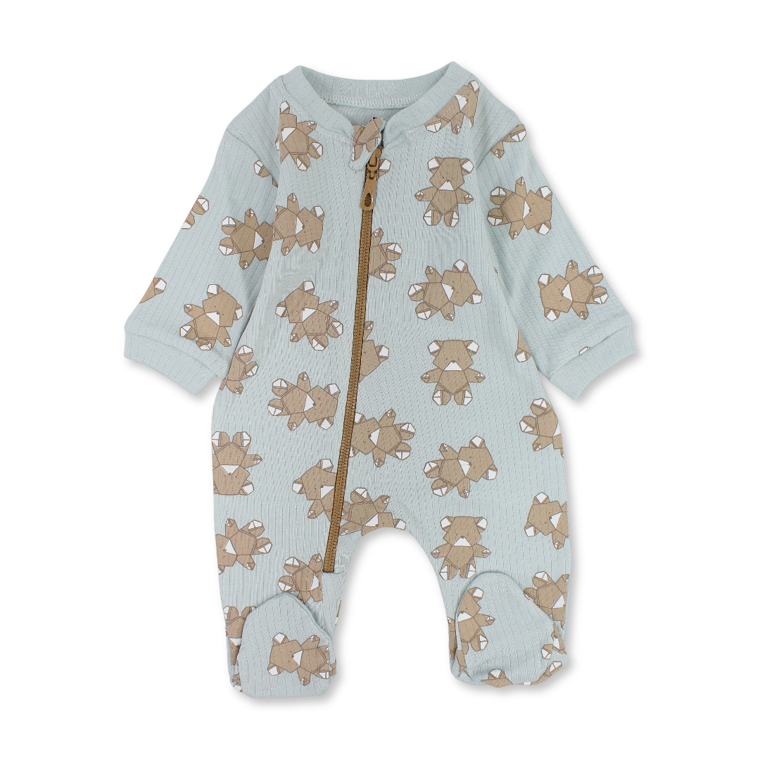 Baby Boys Cotton Baby Footie – Aqua with Teddy Bear Print - Clothing - Full Moon