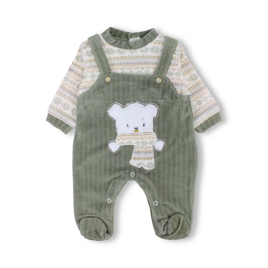 Baby Boys Velvet Baby Footie Onesie – Olive with Bear Embroidered