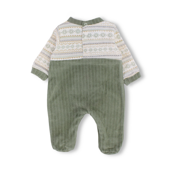 Baby Boys Velvet Baby Footie Onesie – Olive with Bear Embroidered