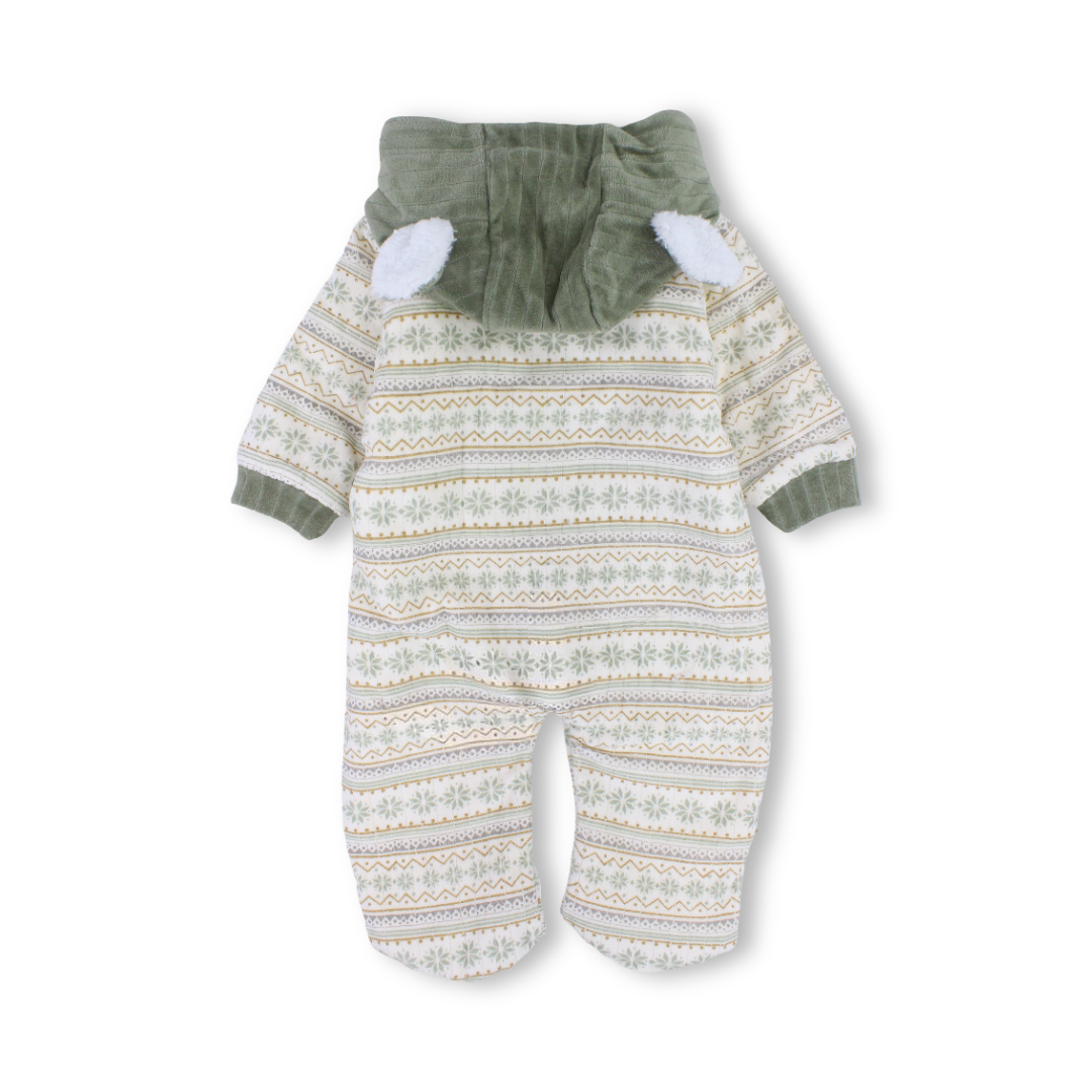 Baby Boys Velvet Hooded Baby Footie – Beige with Bear Embroidered