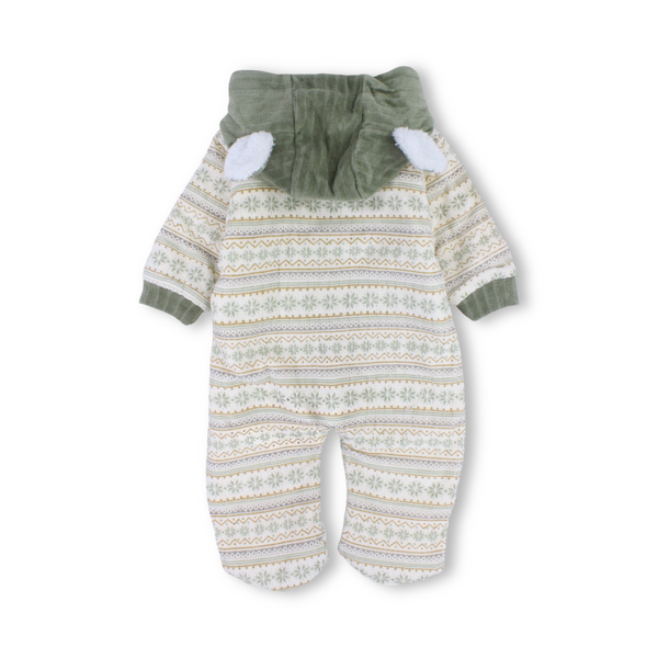 Baby Boys Velvet Hooded Baby Footie – Beige with Bear Embroidered