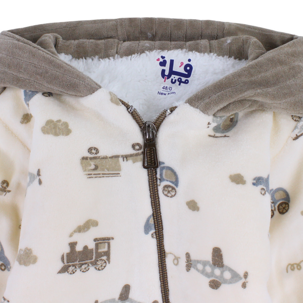 Baby Boys Velvet Hooded Baby Footie – Beige with Fur-Lined