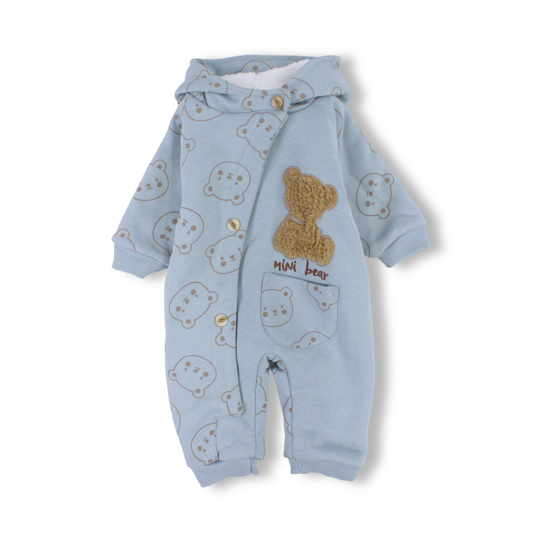 Baby Boys Cotton Hooded Footless Onesie – Mint with Bear Embroidered