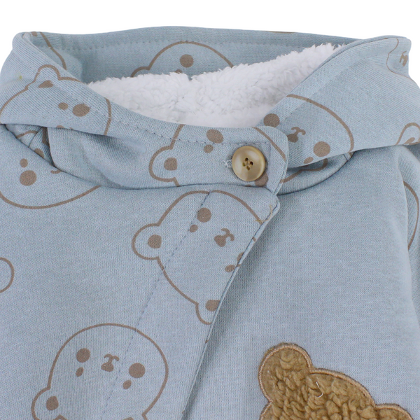 Baby Boys Cotton Hooded Footless Onesie – Mint with Bear Embroidered
