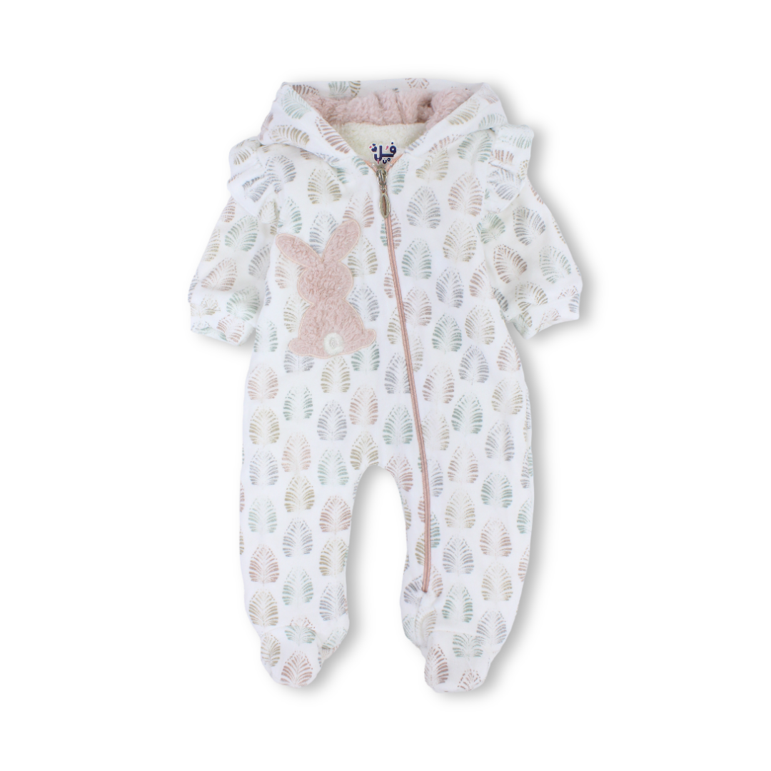Baby Girls Velvet Hooded Baby Footie – Off-White with Fur-Lined
