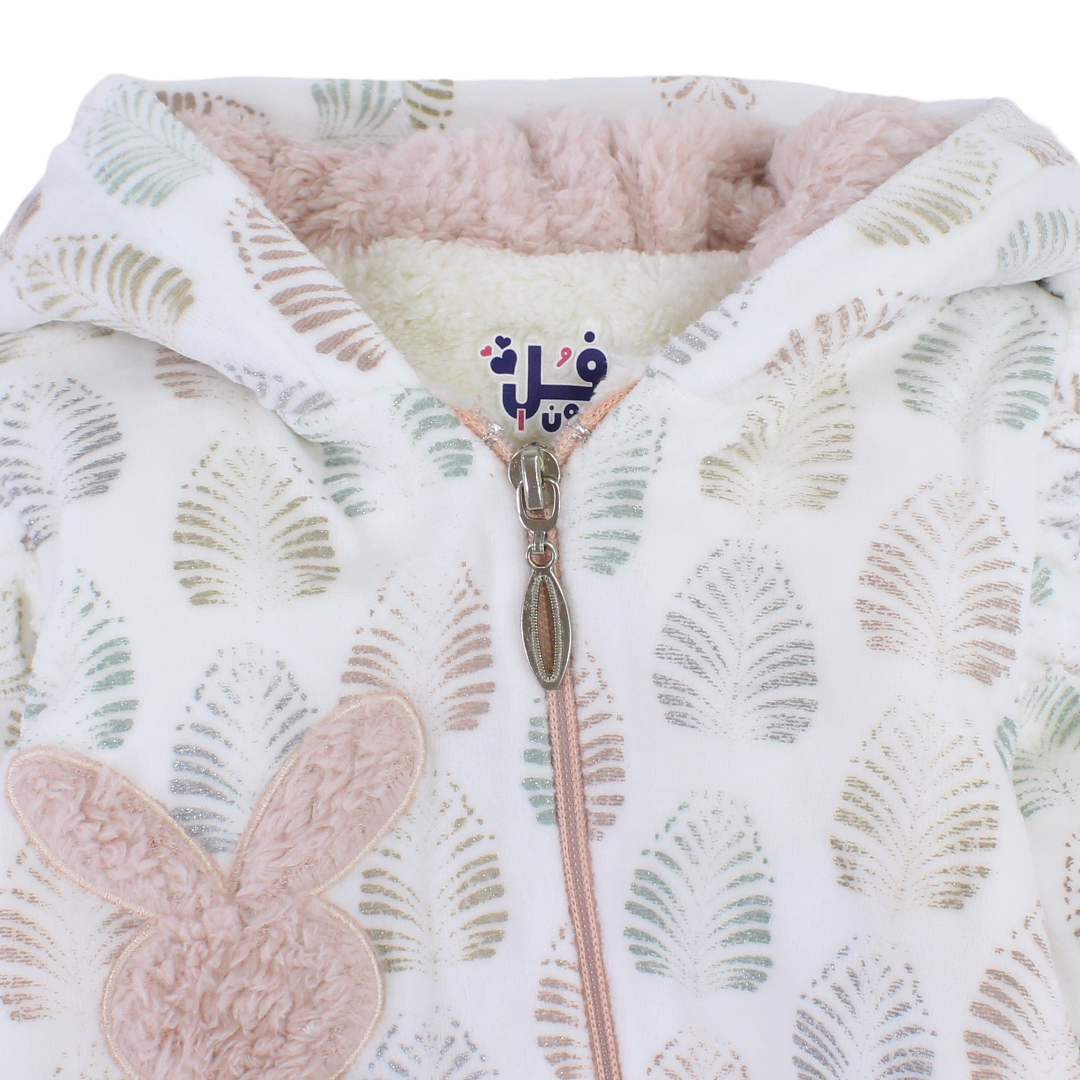 Baby Girls Velvet Hooded Baby Footie – Off-White with Fur-Lined