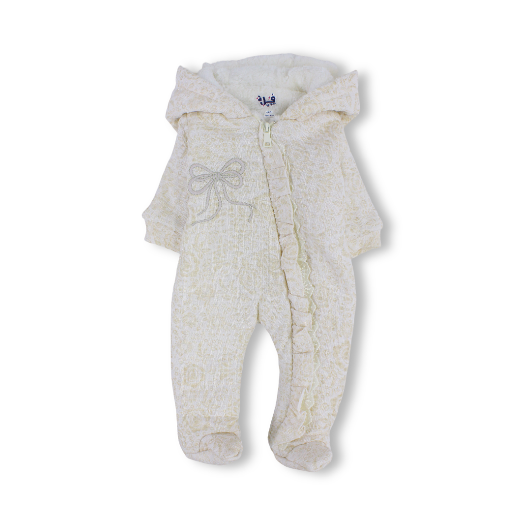 Baby Girls Cotton Hooded Baby Footie – Beige with Fur-Lined