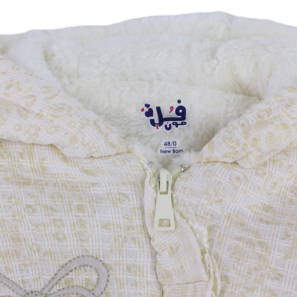 Baby Girls Cotton Hooded Baby Footie – Beige with Fur-Lined