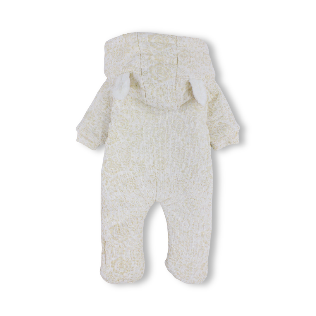 Baby Girls Cotton Hooded Baby Footie – Beige with Fur-Lined