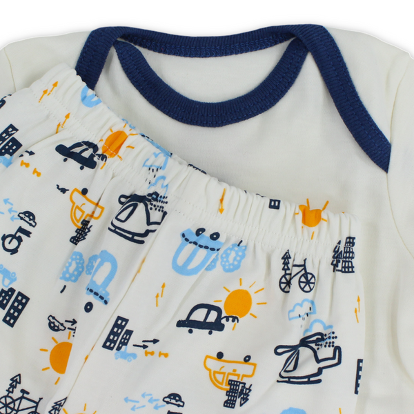 Baby Boys Cotton Pajama – Off-White with Cars & Planes Print