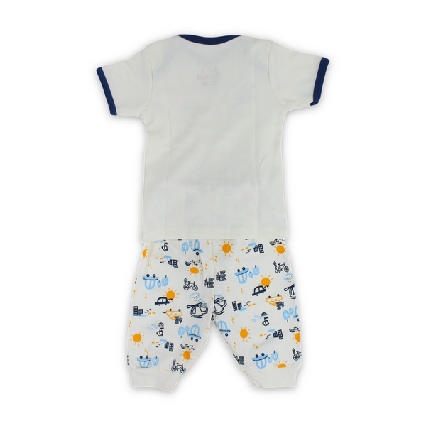 Baby Boys Cotton Pajama – Off-White with Cars & Planes Print