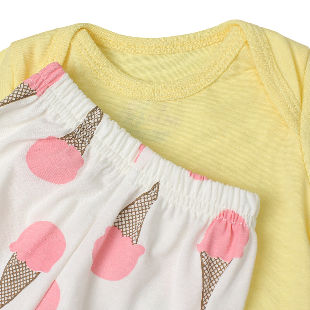 Baby Girls Cotton Pajama – Yellow with Ice Cream Print