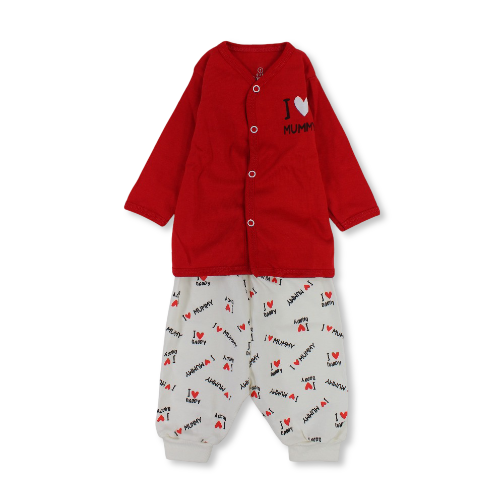 Unisex Baby Cotton Pajama – Red with "I love Mummy" Print