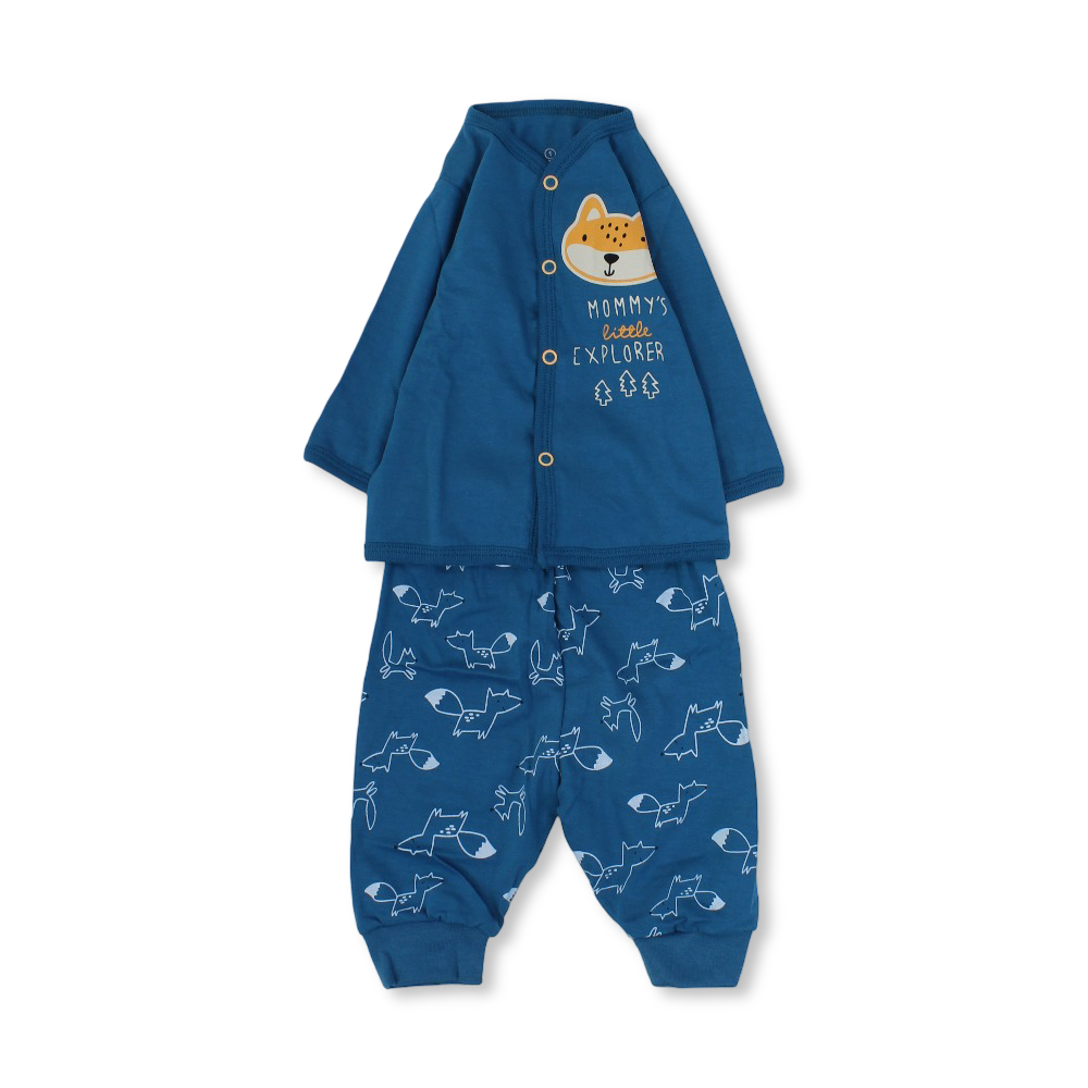 Baby Boys Cotton Pajama – Blue with Fox & Hedgehog Print