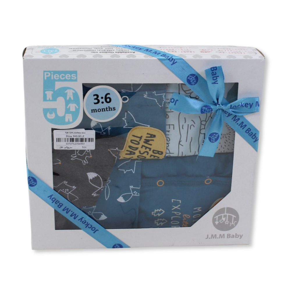 Baby Boys Cotton Gift Clothes Box 5 Pcs – Blue with Fox & Hedgehog Print (3-6m) - Clothing - JOKY