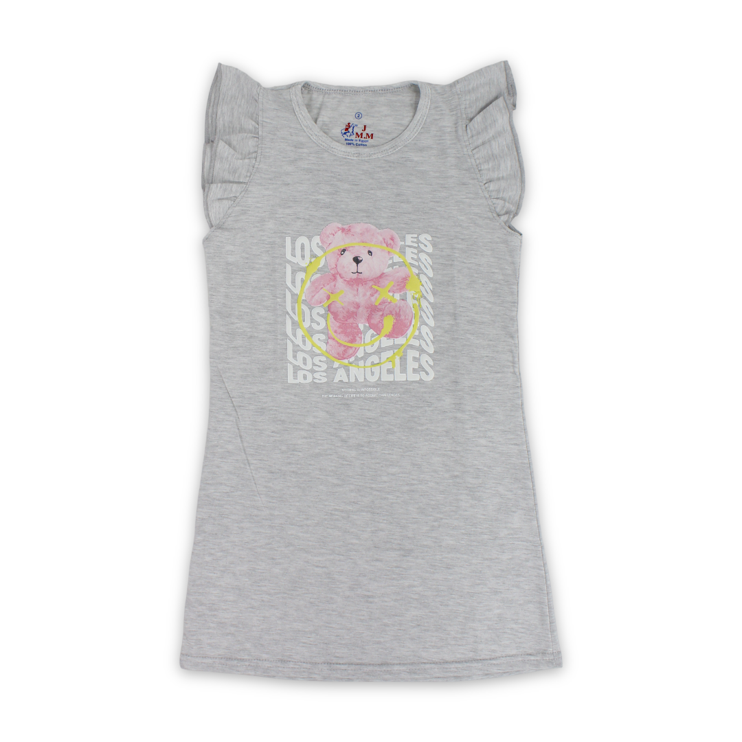 Girls Cotton Nightgown – Grey with Teddy Bear "Los Angles" Print - Clothing - JOKY