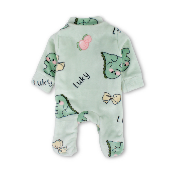 Baby Girls Fleece Baby Footie Onesie – Mint with Dino Print