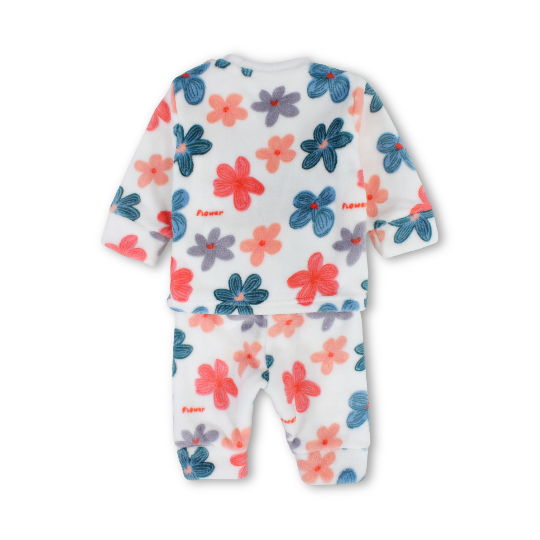 Baby Girls Fleece Pajama – White with Flowers Print